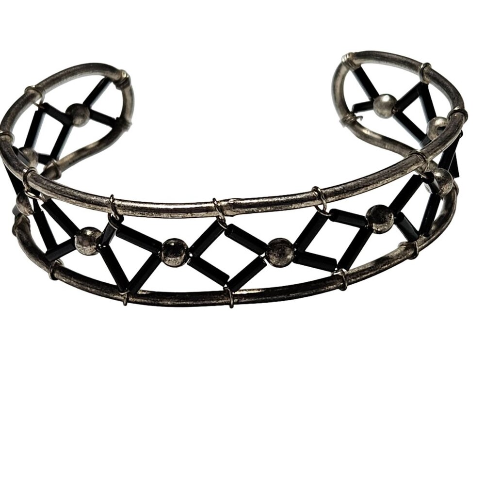 Vintage Boho Chic Silver Tone Cuff Bracelet Black Enamel Geometric Design Women